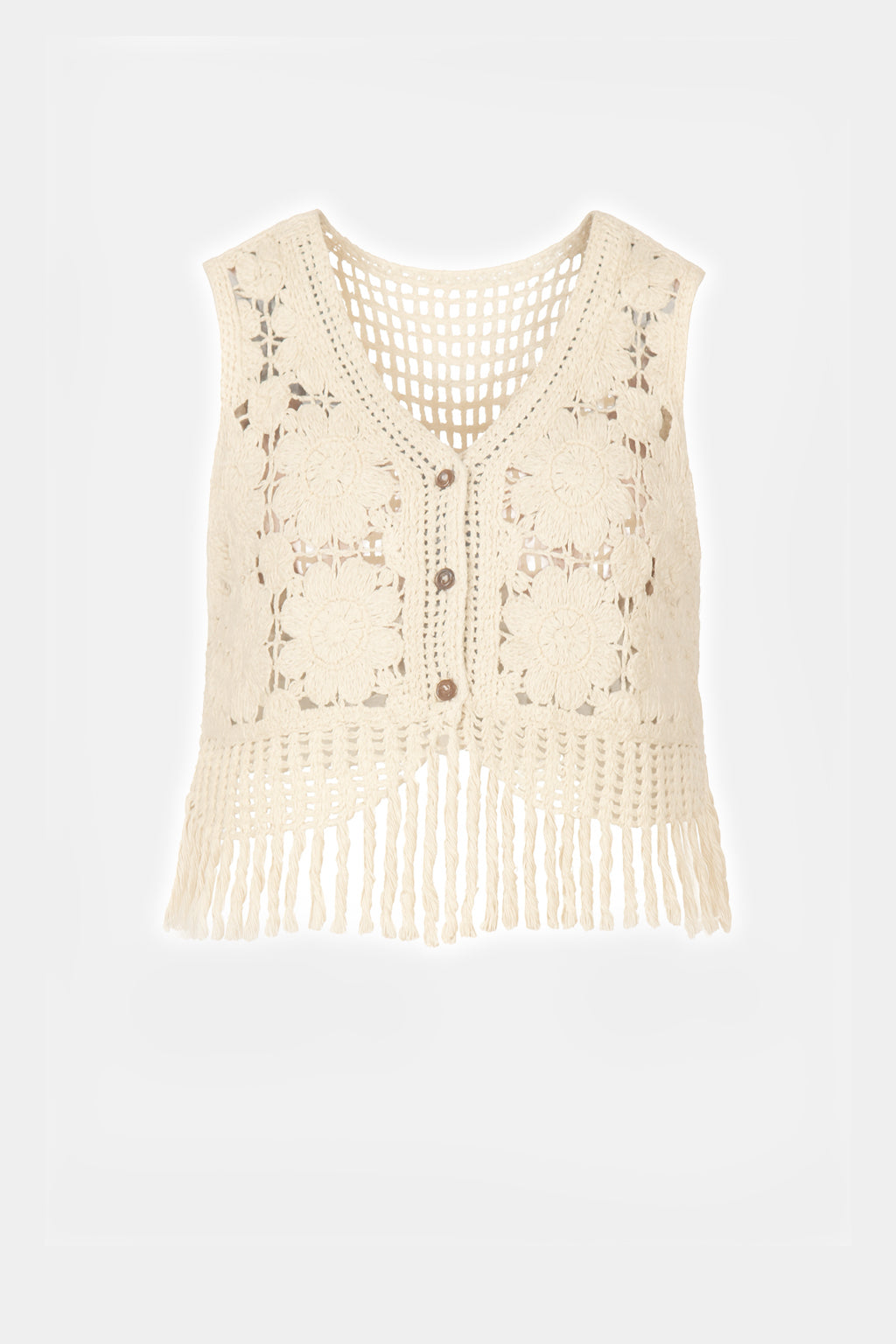 Button Up Cropped Crochet Tassle Vest
