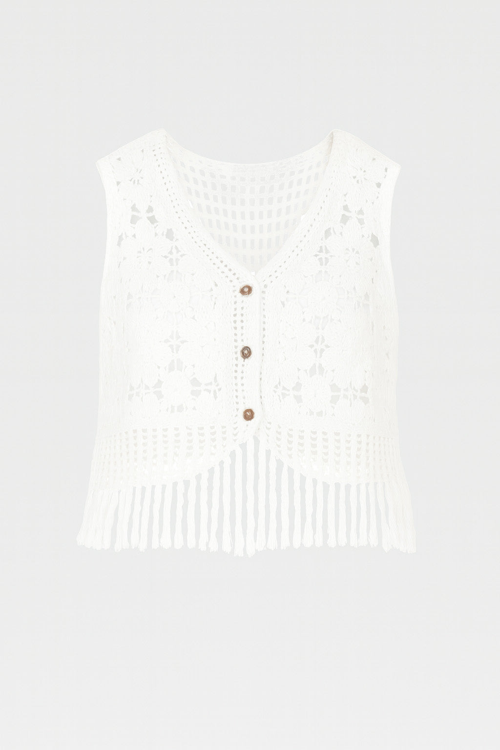 Button Up Cropped Crochet Tassle Vest