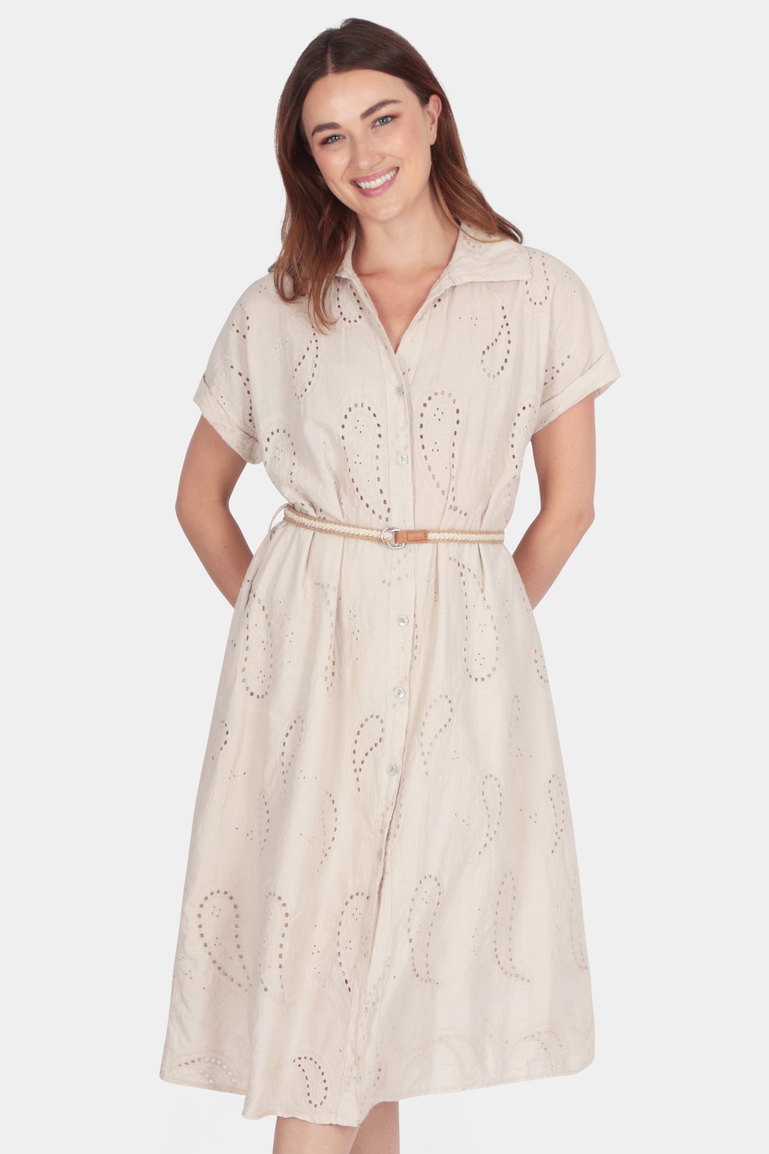 Anglaise Cotton Dress with broderie anglaise paisley pattern, button-up front, collar, cuffed sleeves, and braided belt.