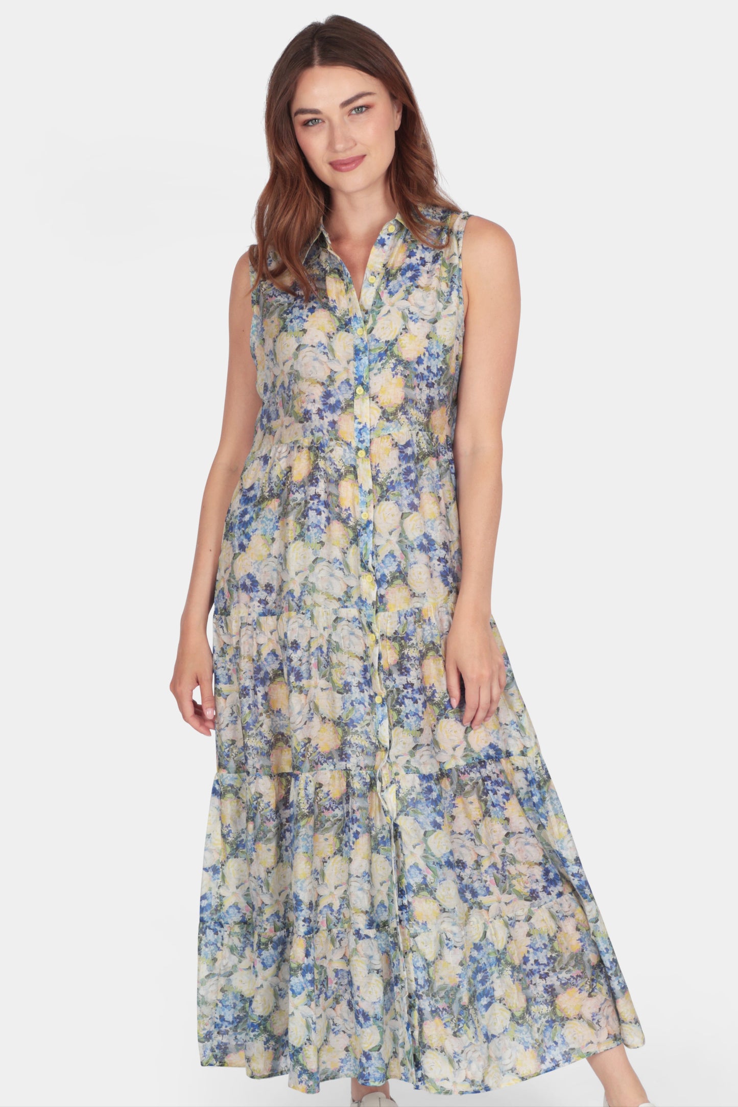 Summer light silk feel sleeveless button up rose print midi shirt Dress in blue and yellow - by Fenella, Women's Italian Clothing