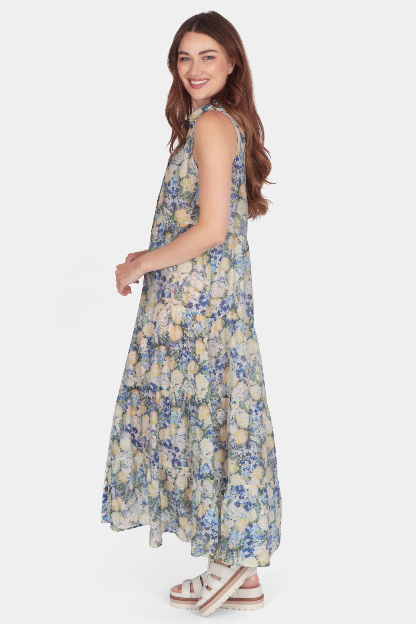 Summer light silk feel sleeveless button up rose print midi shirt Dress in blue and yellow - by Fenella, Women's Italian Clothing