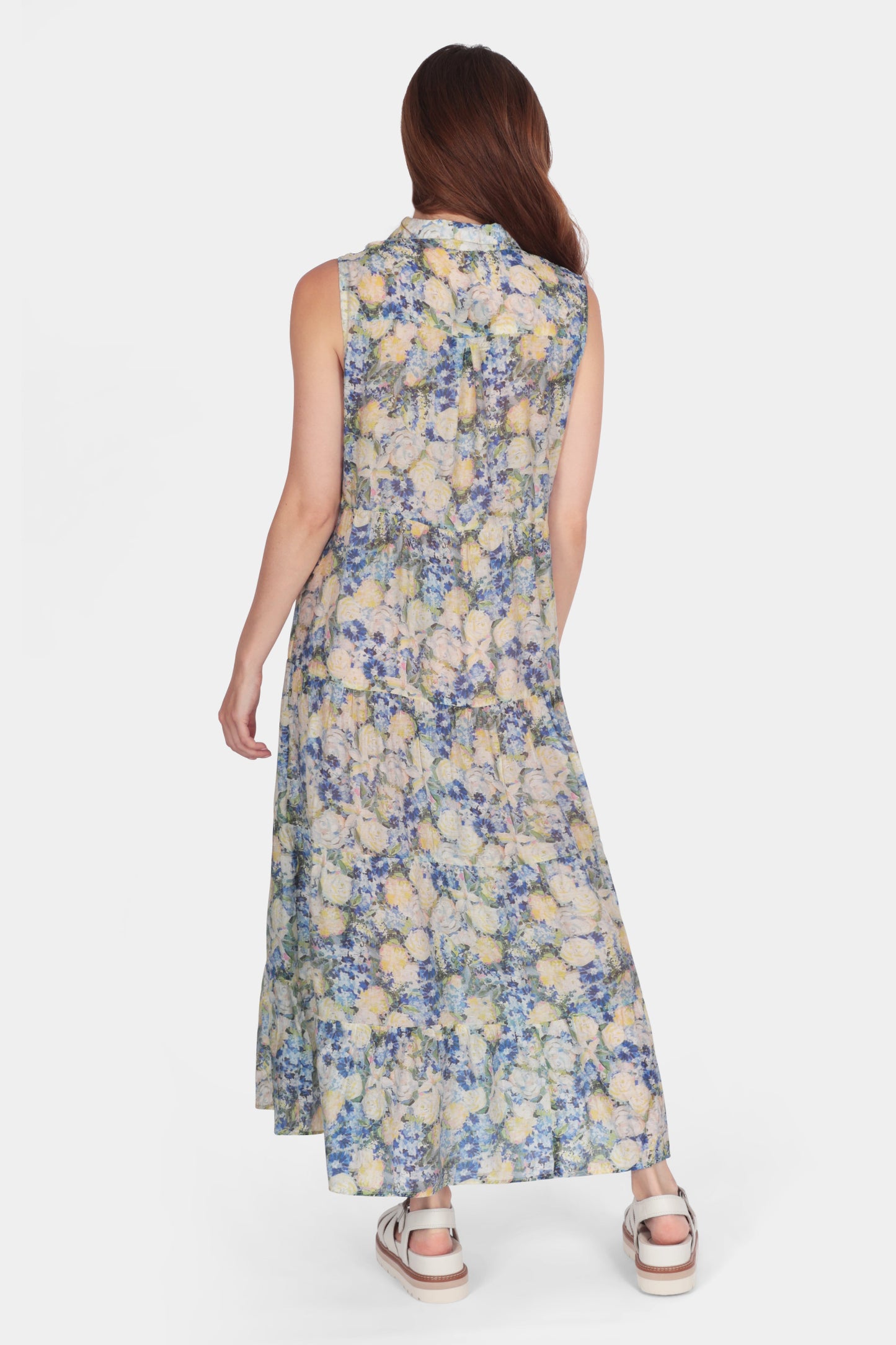 Summer light silk feel sleeveless button up rose print midi shirt Dress in blue and yellow - by Fenella, Women's Italian Clothing