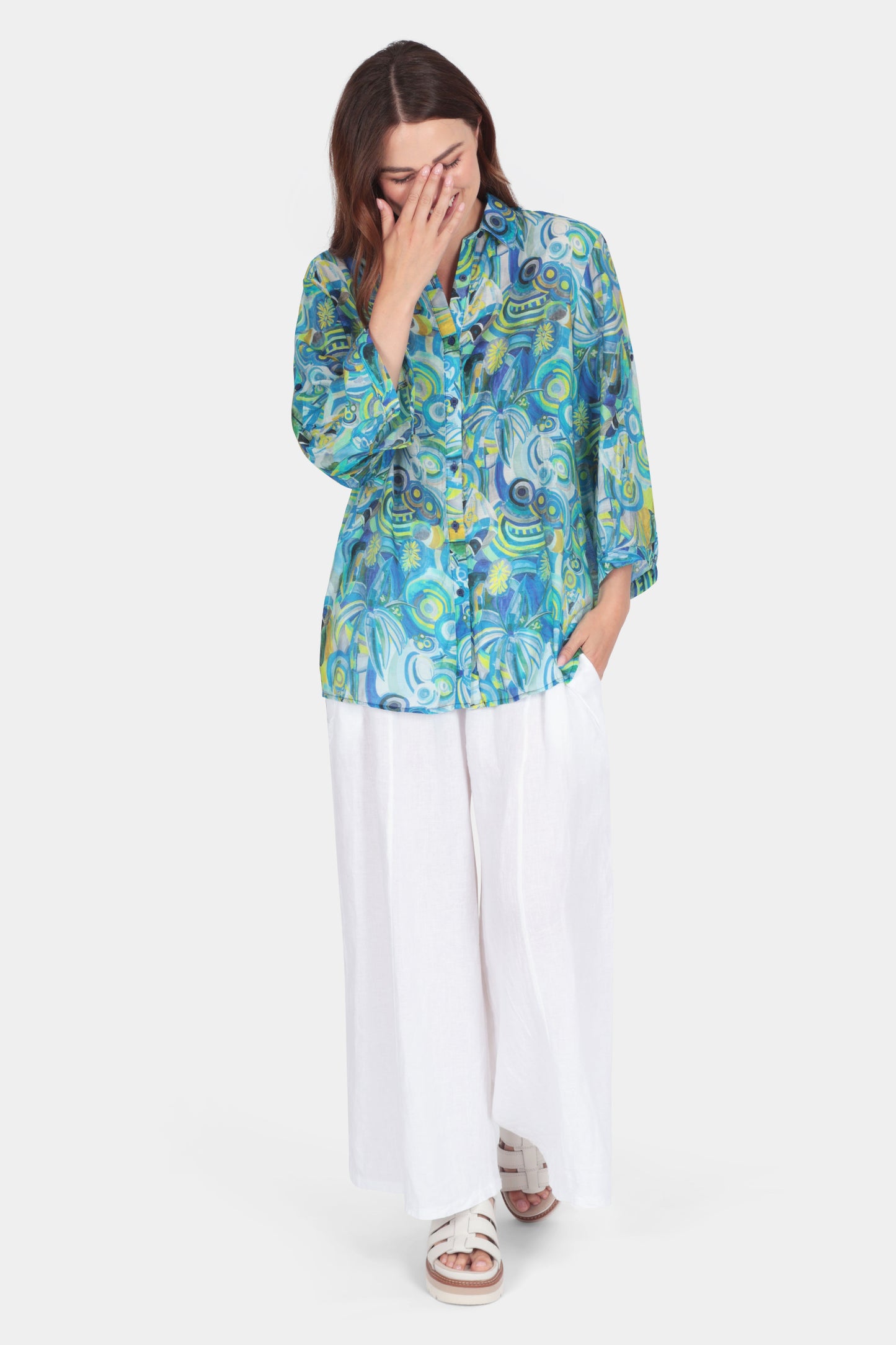 Light fabric abstract print 3/4 sleeve shirt in turquoise - by Fenella, women's Italian clothing
