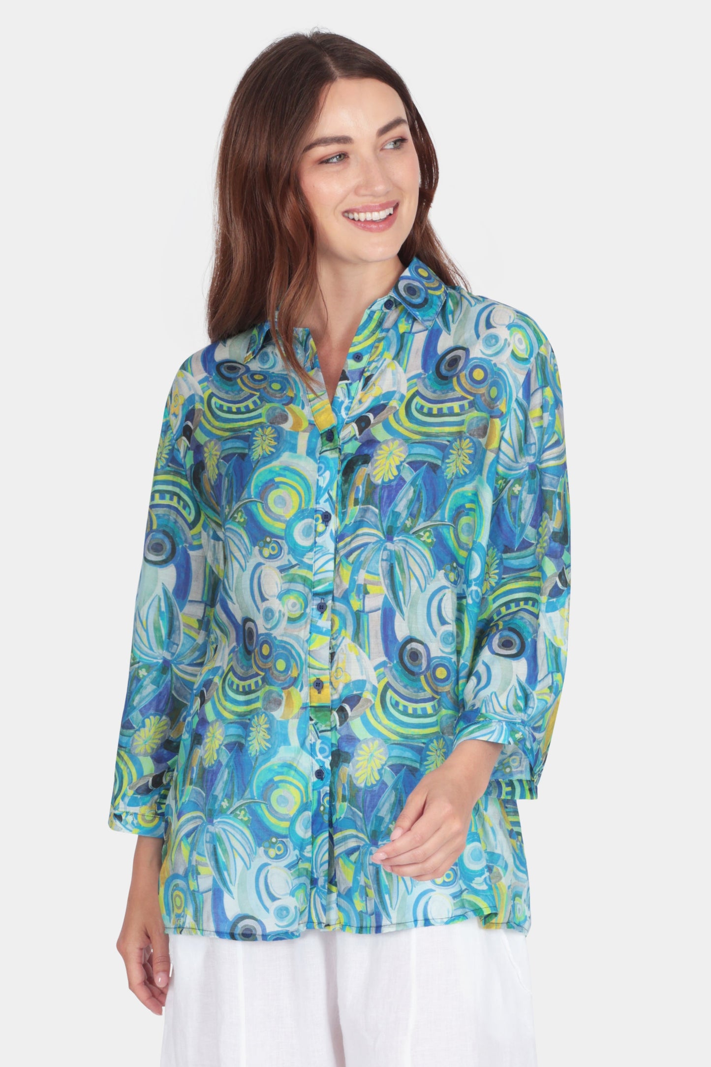 Light fabric abstract print 3/4 sleeve shirt in turquoise - by Fenella, women's Italian clothing