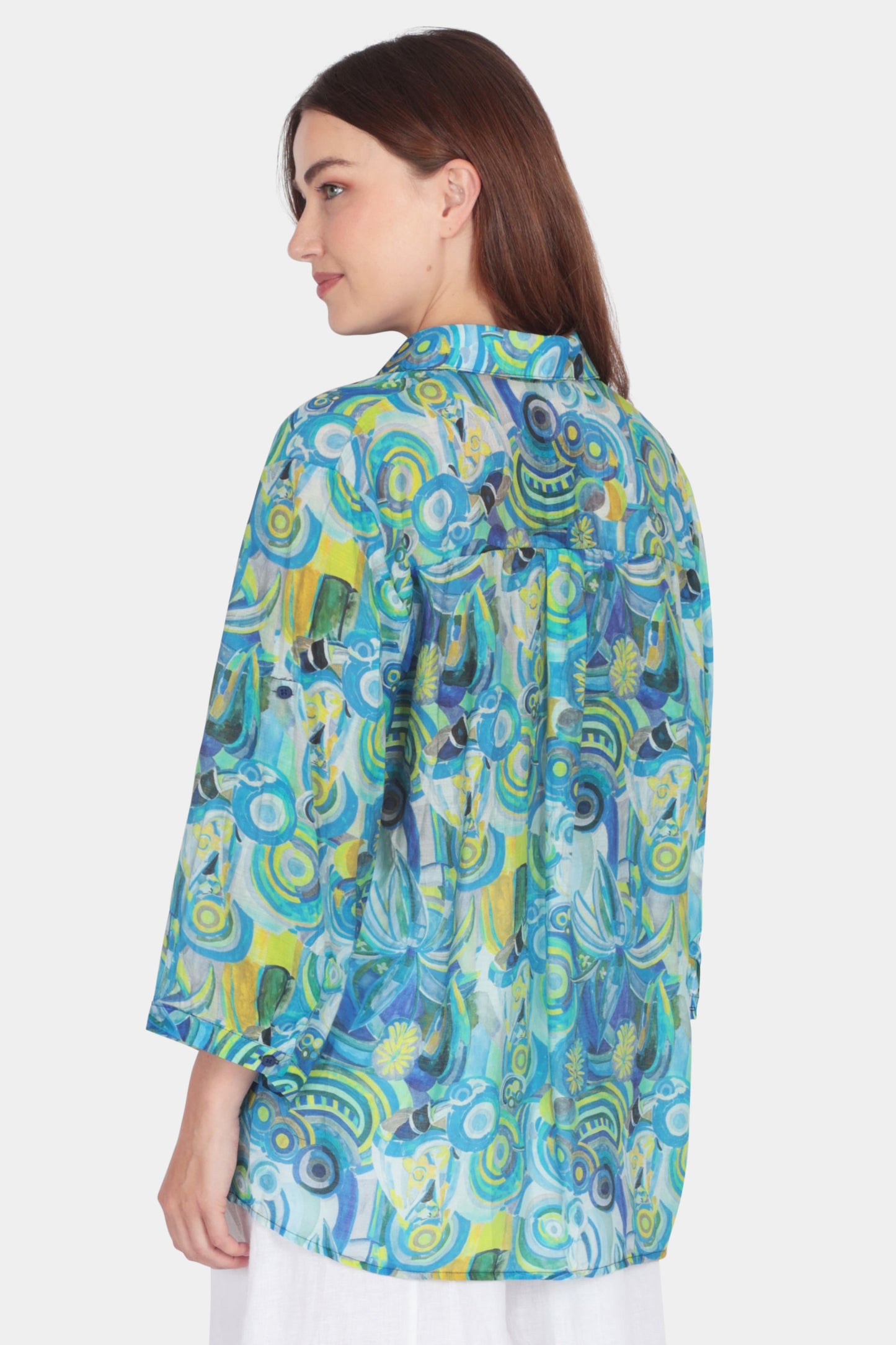 Light fabric abstract print 3/4 sleeve shirt in turquoise - by Fenella, women's Italian clothing