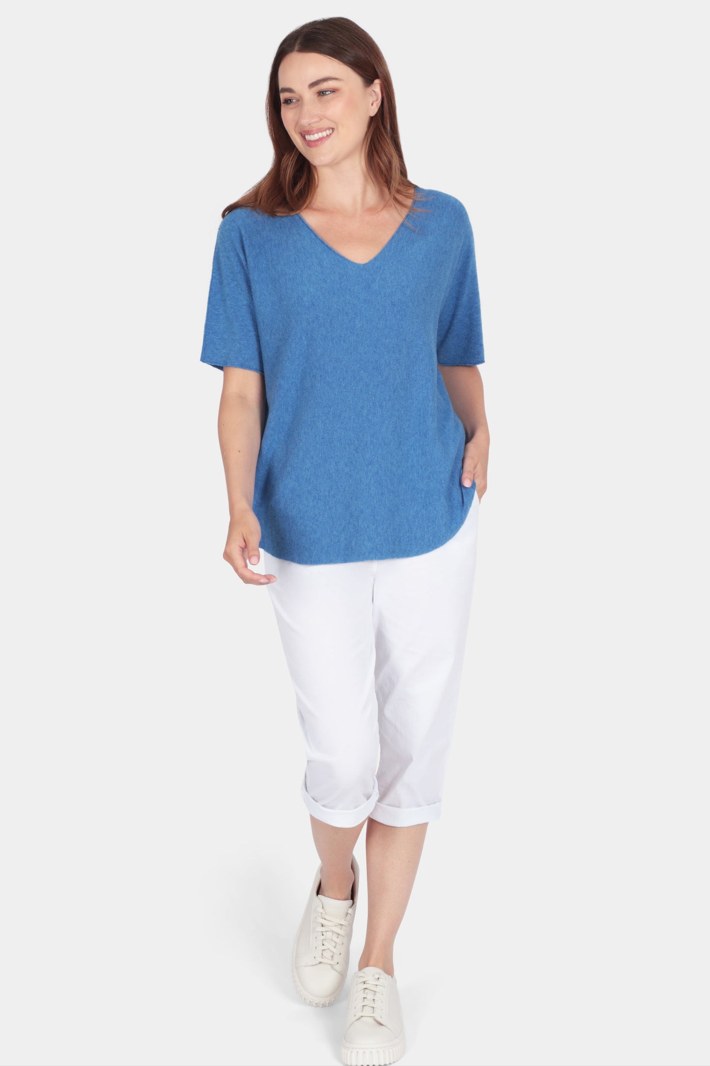 Soft fine knit summer short sleeve jumper top with v neck in marine blue - by Fenella, Women's Italian Clothing