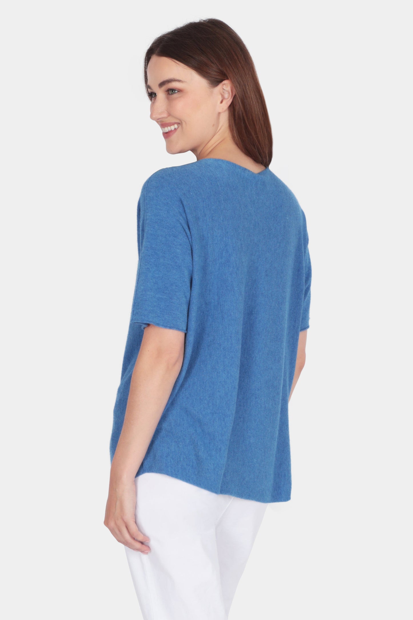 Soft fine knit summer short sleeve jumper top with v neck in marine blue - by Fenella, Women's Italian Clothing