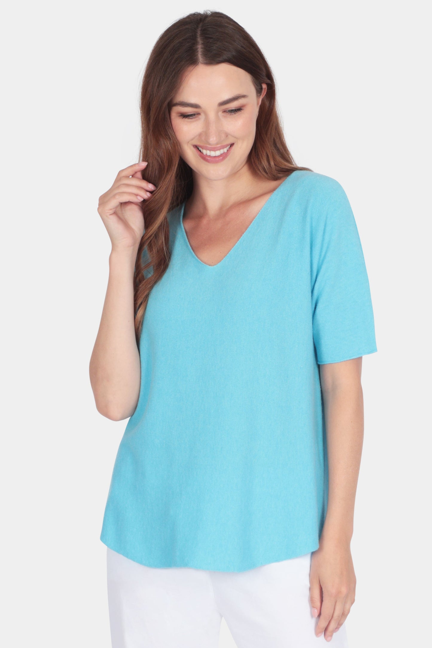 Soft fine knit summer short sleeve jumper top with v neck in turquoise - by Fenella, Women's Italian Clothing