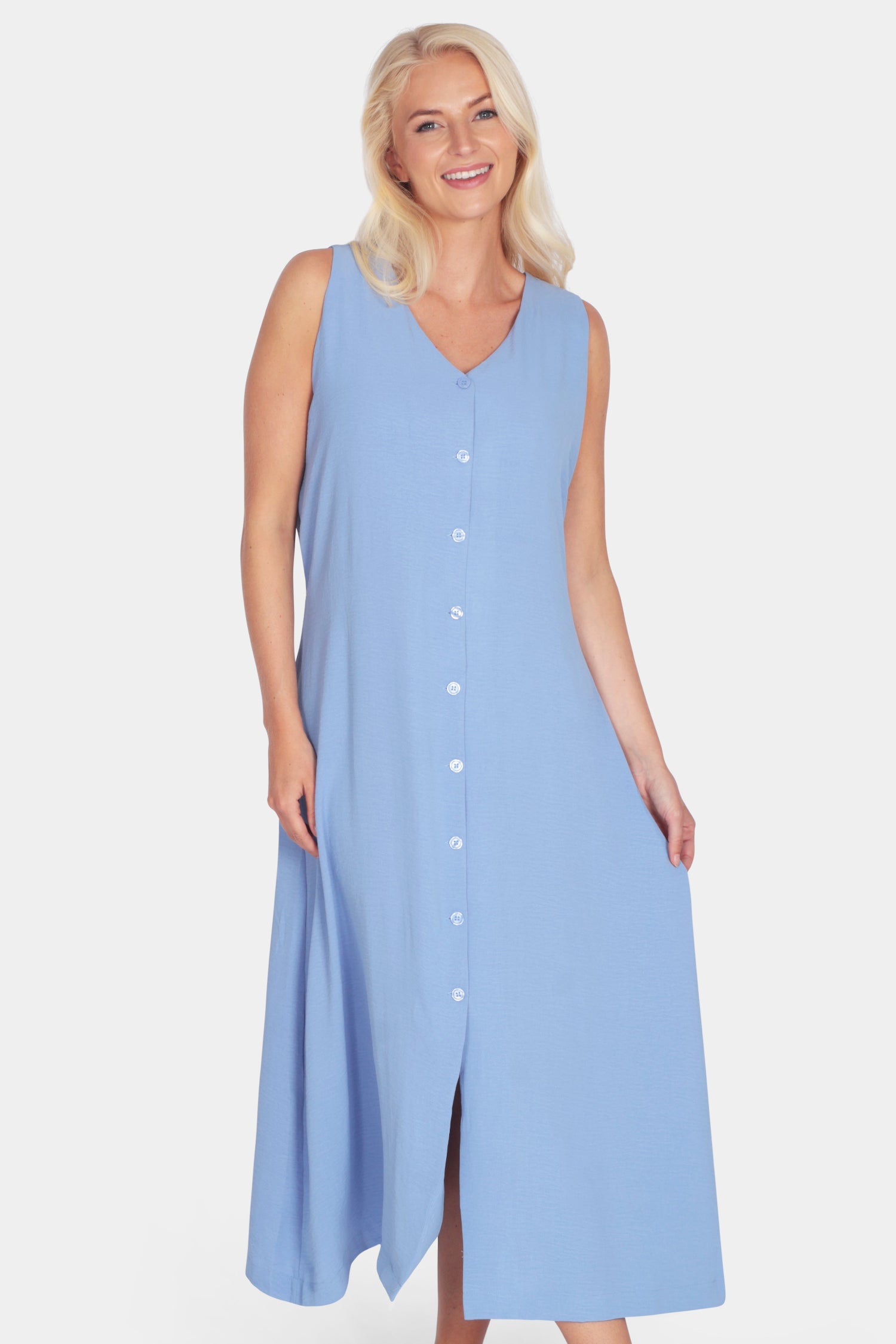 Linen cotton blend sleeveless button up midi Dress in blue - by Fenella, Women's Italian Clothing