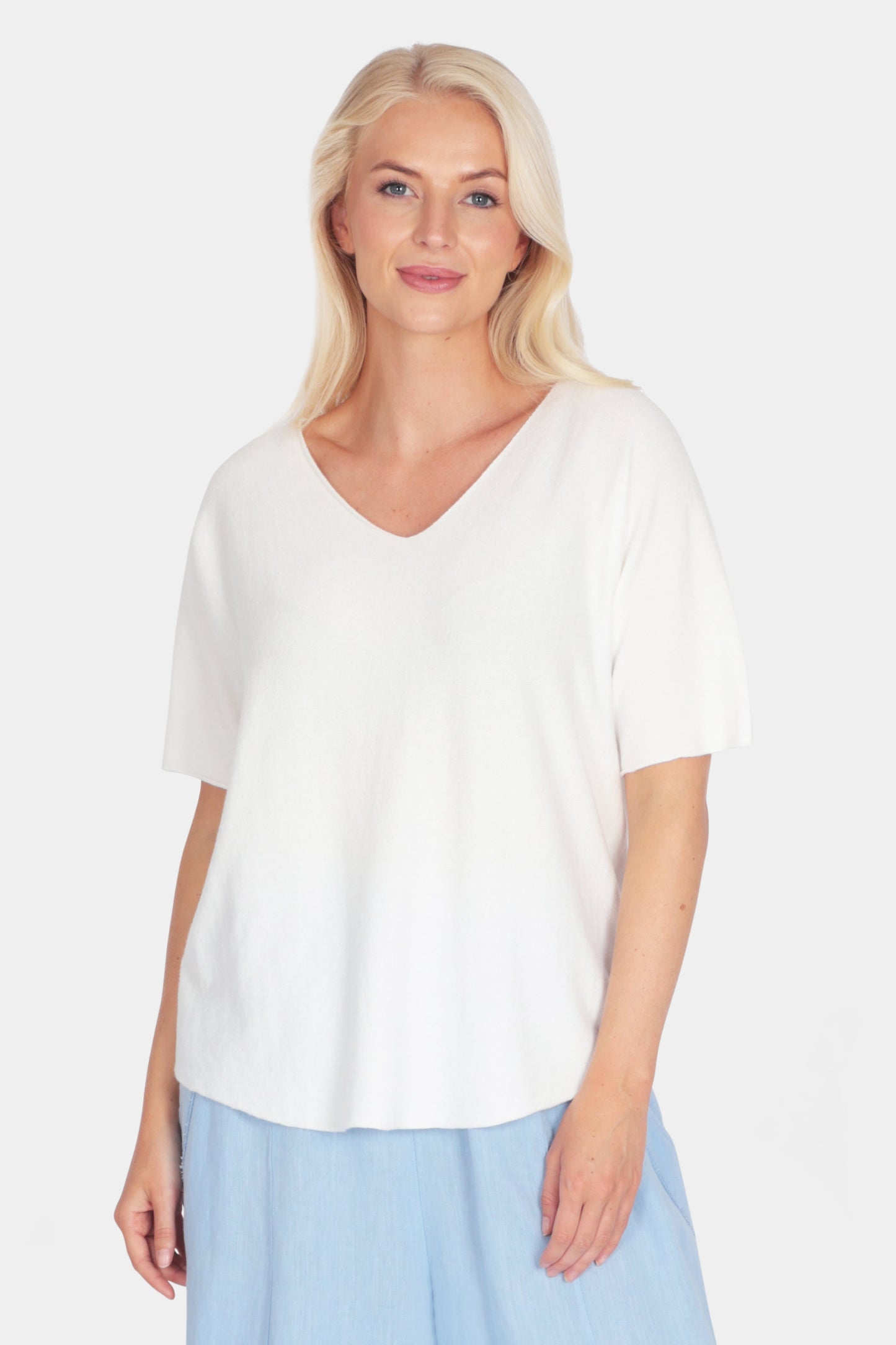 Soft fine knit summer short sleeve jumper top with v neck in white - by Fenella, Women's Italian Clothing