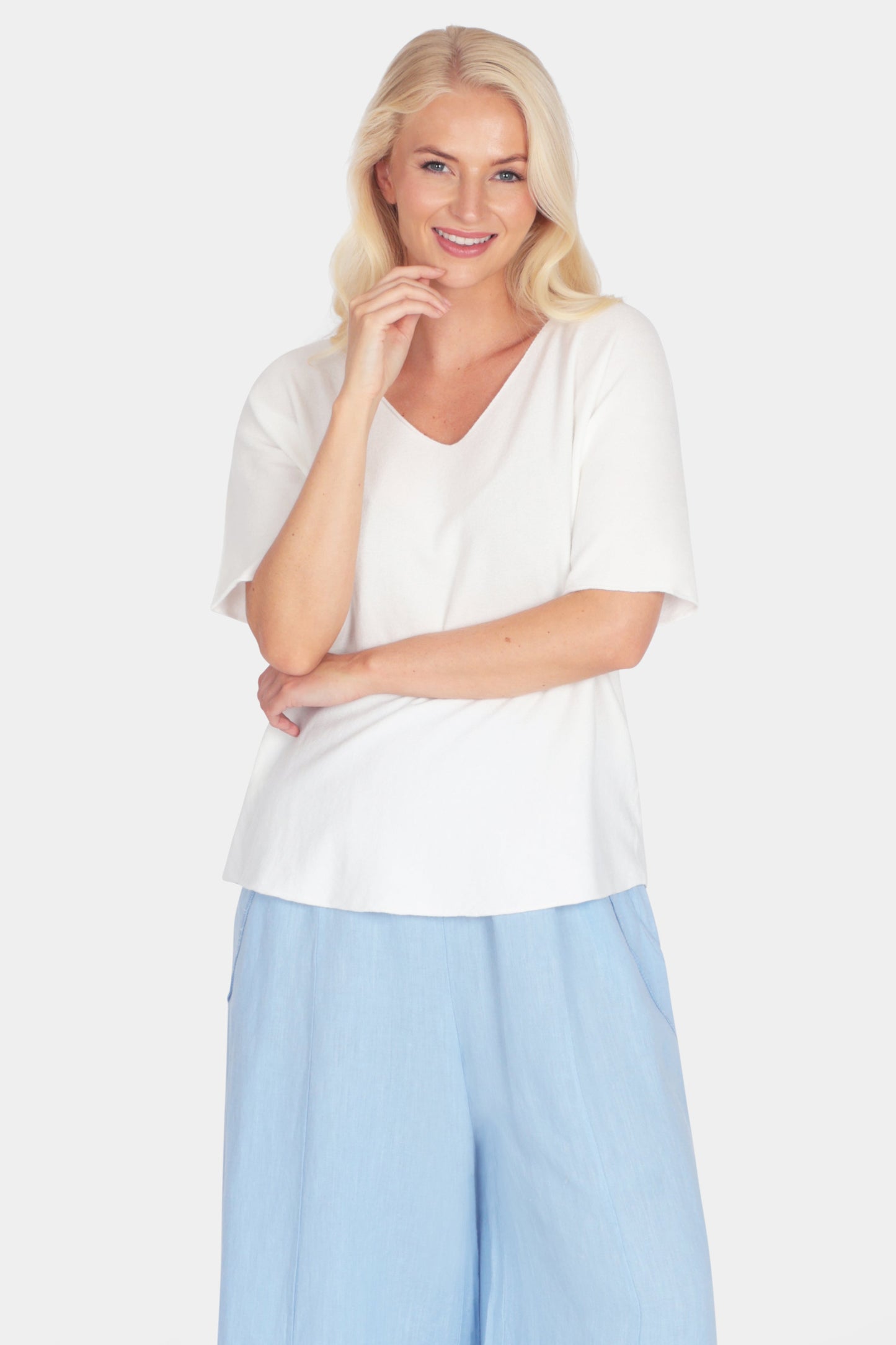 Soft fine knit summer short sleeve jumper top with v neck in white - by Fenella, Women's Italian Clothing