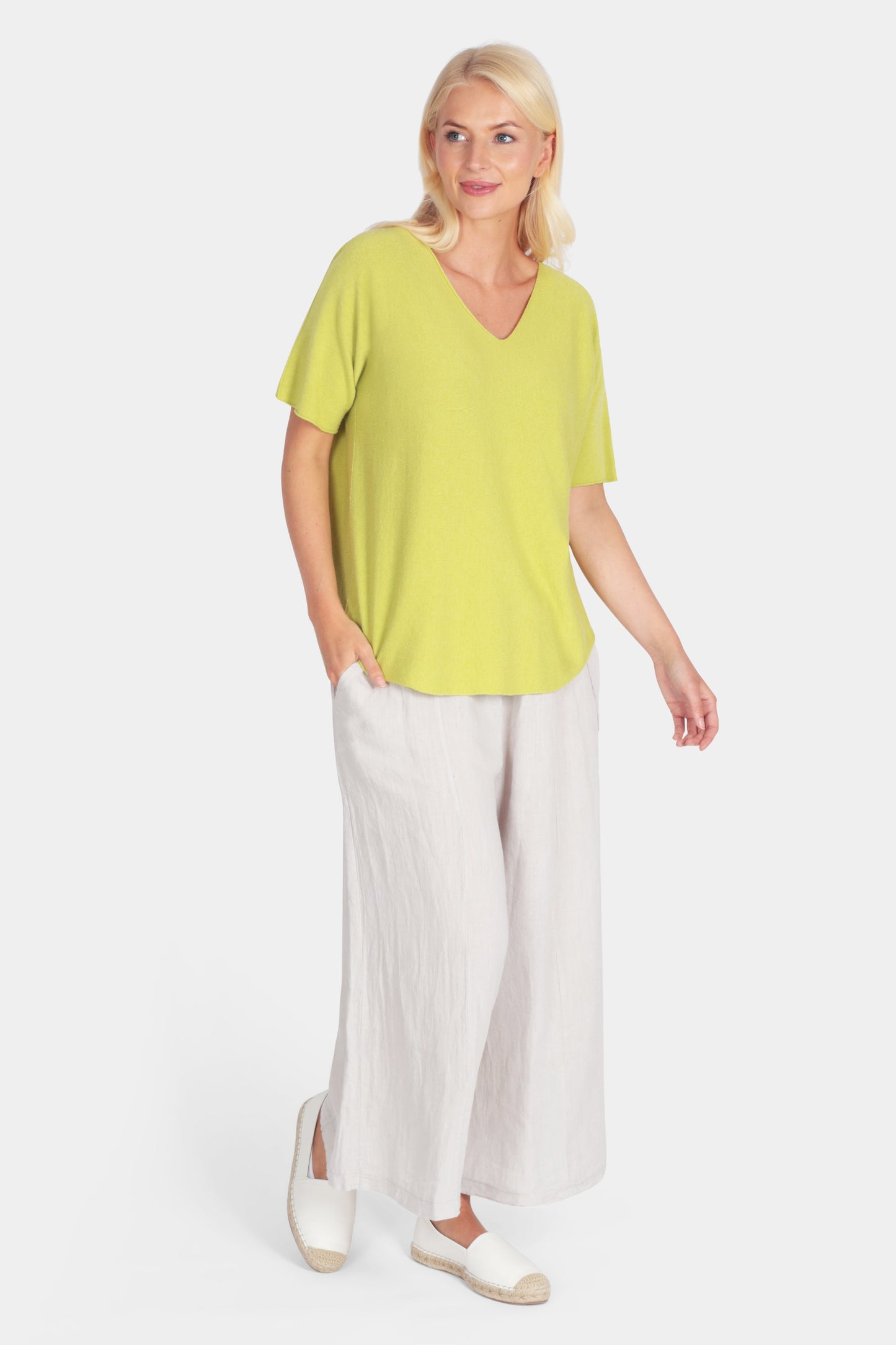 Soft fine knit summer short sleeve jumper top with v neck in lime green - by Fenella, Women's Italian Clothing