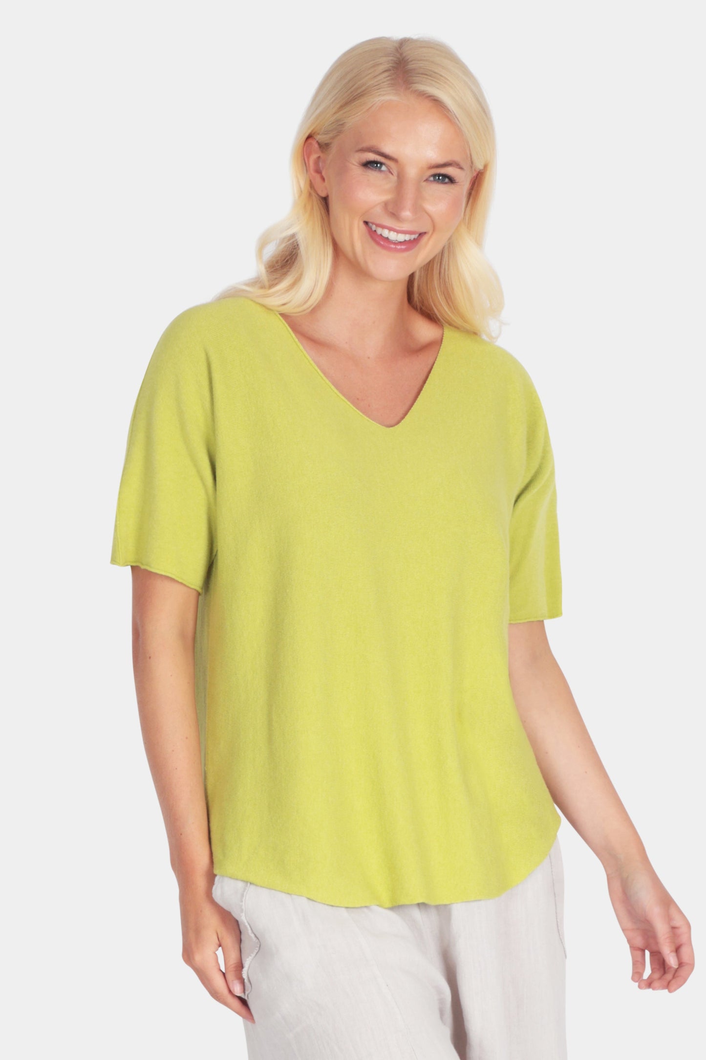 Soft fine knit summer short sleeve jumper top with v neck in lime green - by Fenella, Women's Italian Clothing