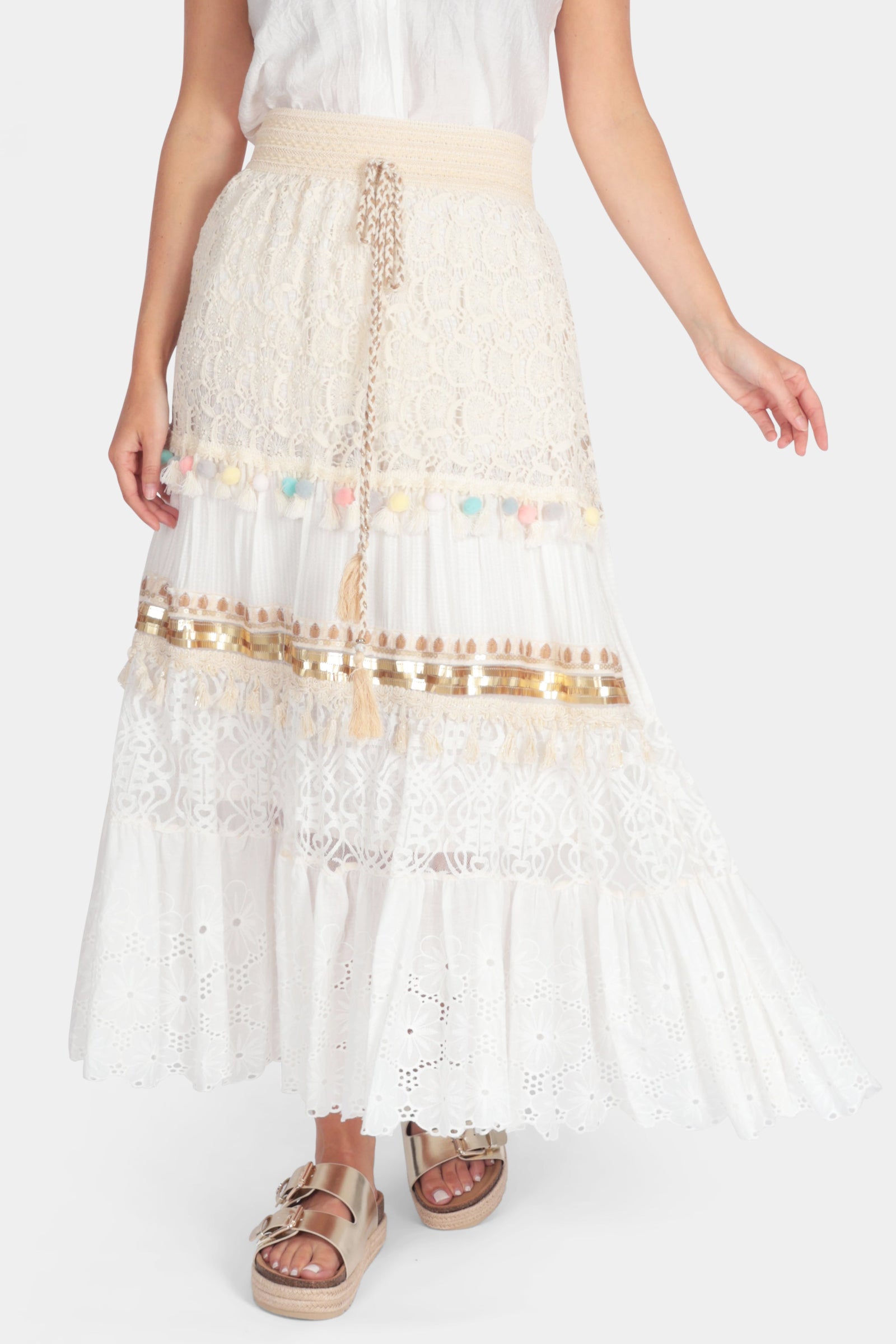 Tiered Pom-Pom Crochet Maxi Skirt