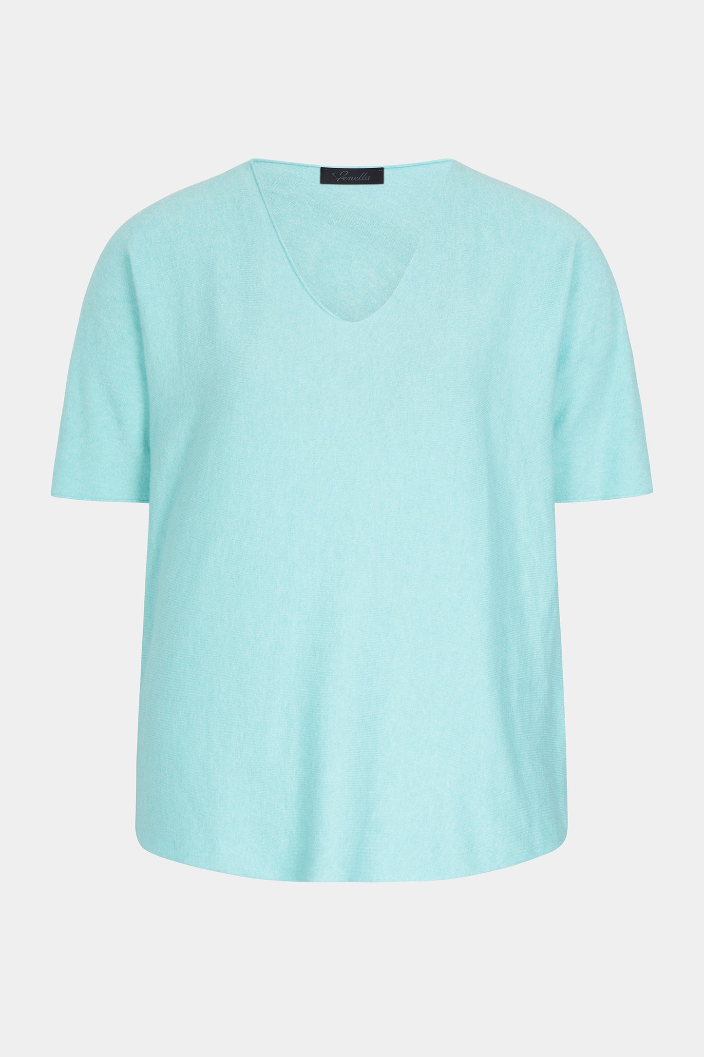 Soft fine knit summer short sleeve jumper top with v neck in aqua - by Fenella, Women's Italian Clothing