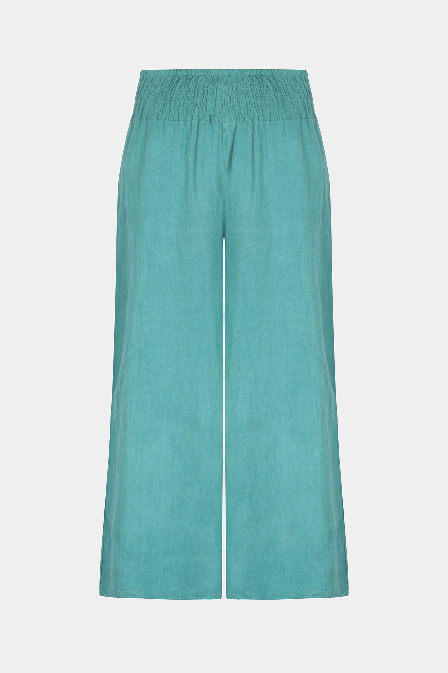 Linen wide leg relaxed fit shirred waist culottes trousers with two side pockets in teal - by Fenella, Women's Italian Clothing