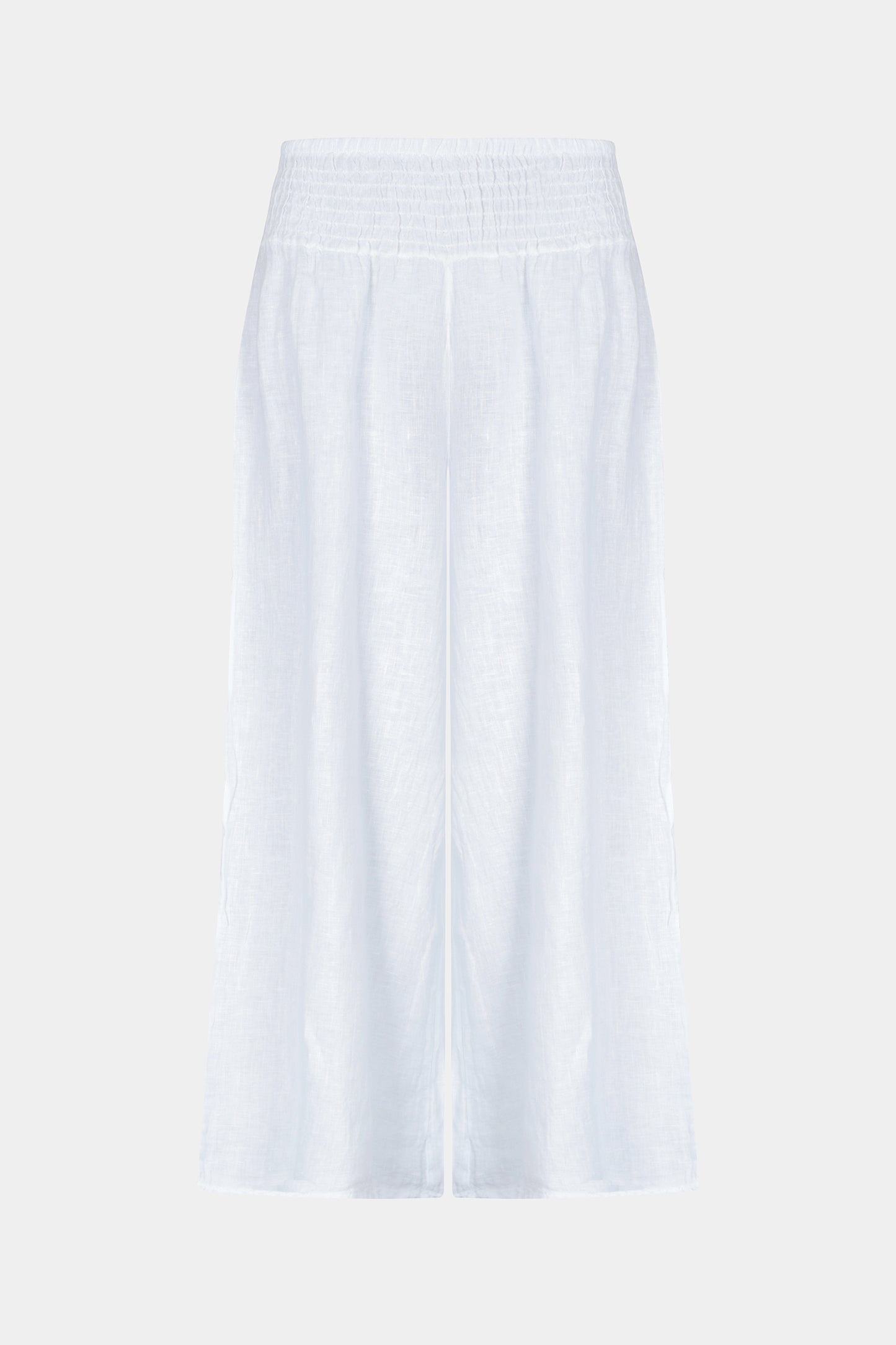 Linen wide leg relaxed fit shirred waist culottes trousers with two side pockets in white - by Fenella, Women's Italian Clothing