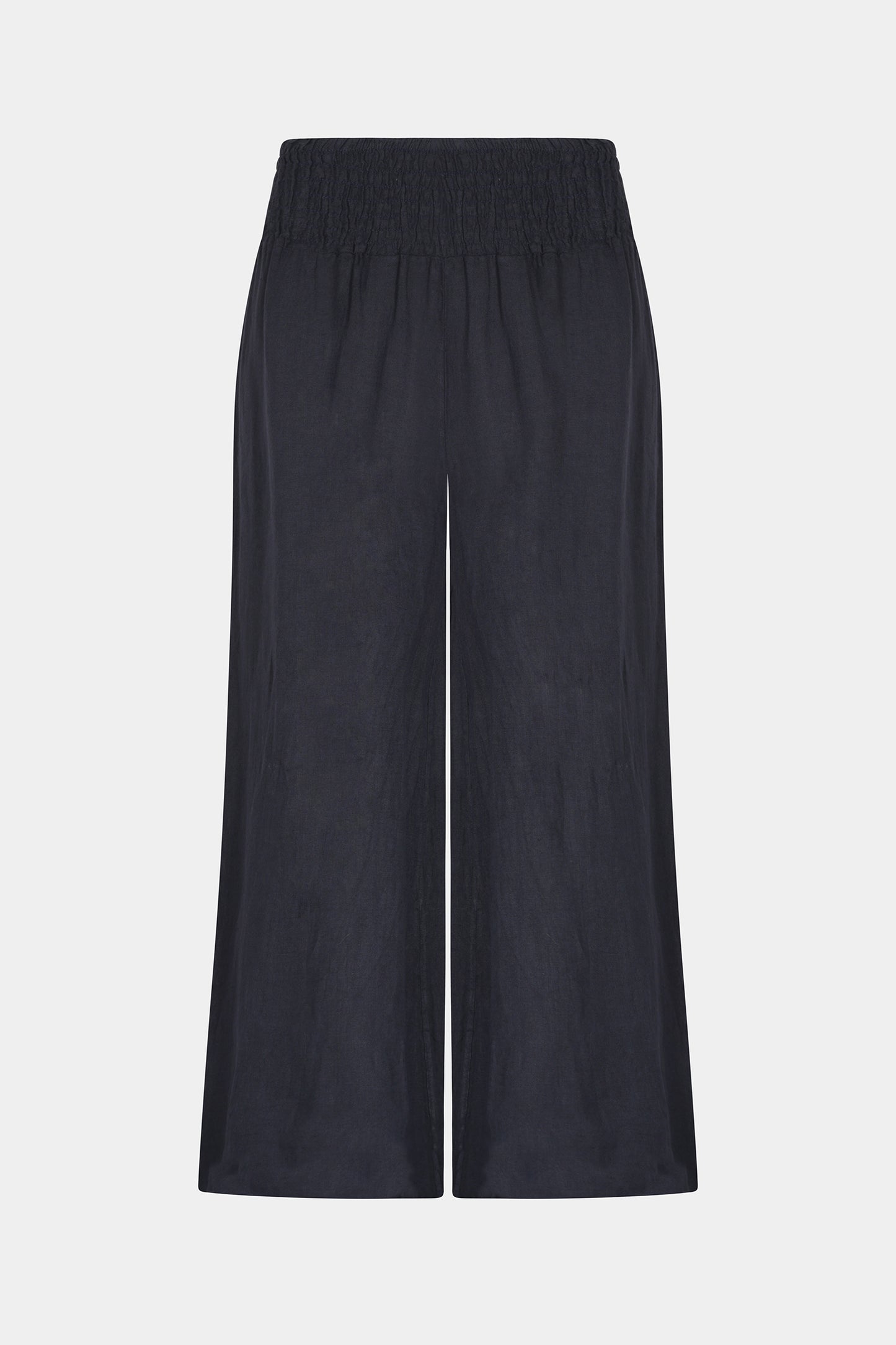 Linen wide leg relaxed fit shirred waist culottes trousers with two side pockets in navy - by Fenella, Women's Italian Clothing