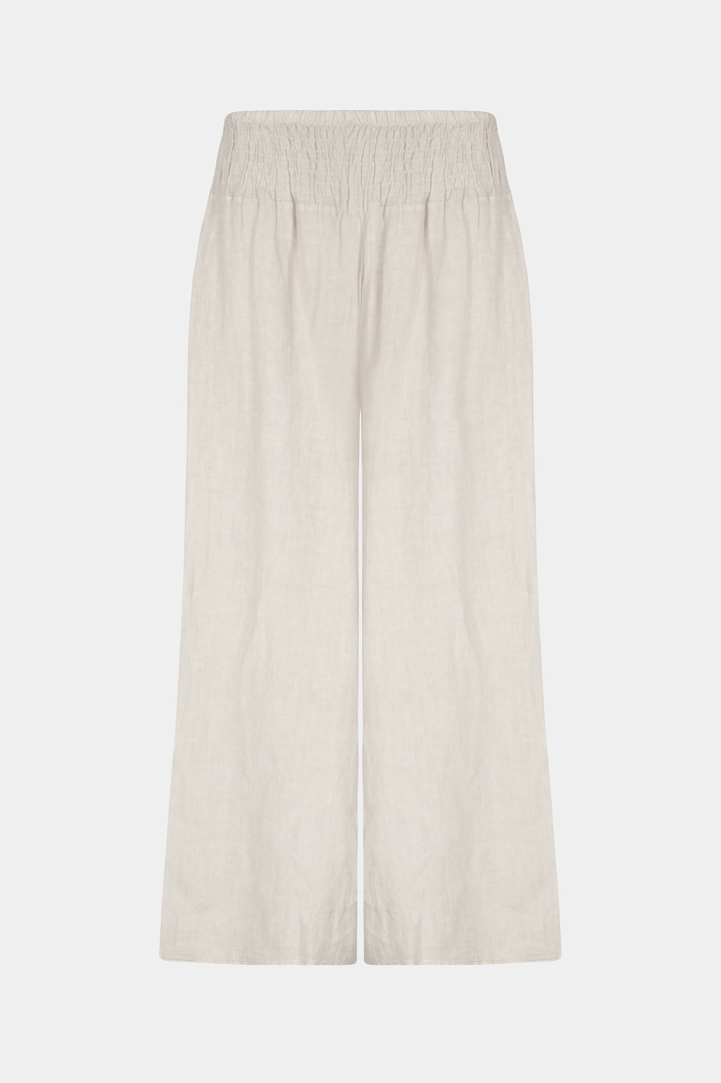 Linen wide leg relaxed fit shirred waist culottes trousers with two side pockets in beige - by Fenella, Women's Italian Clothing