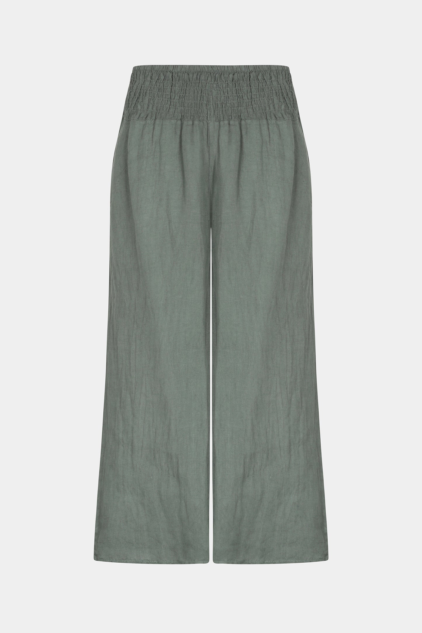 Linen wide leg relaxed fit shirred waist culottes trousers with two side pockets in Khaki - by Fenella, Women's Italian Clothing