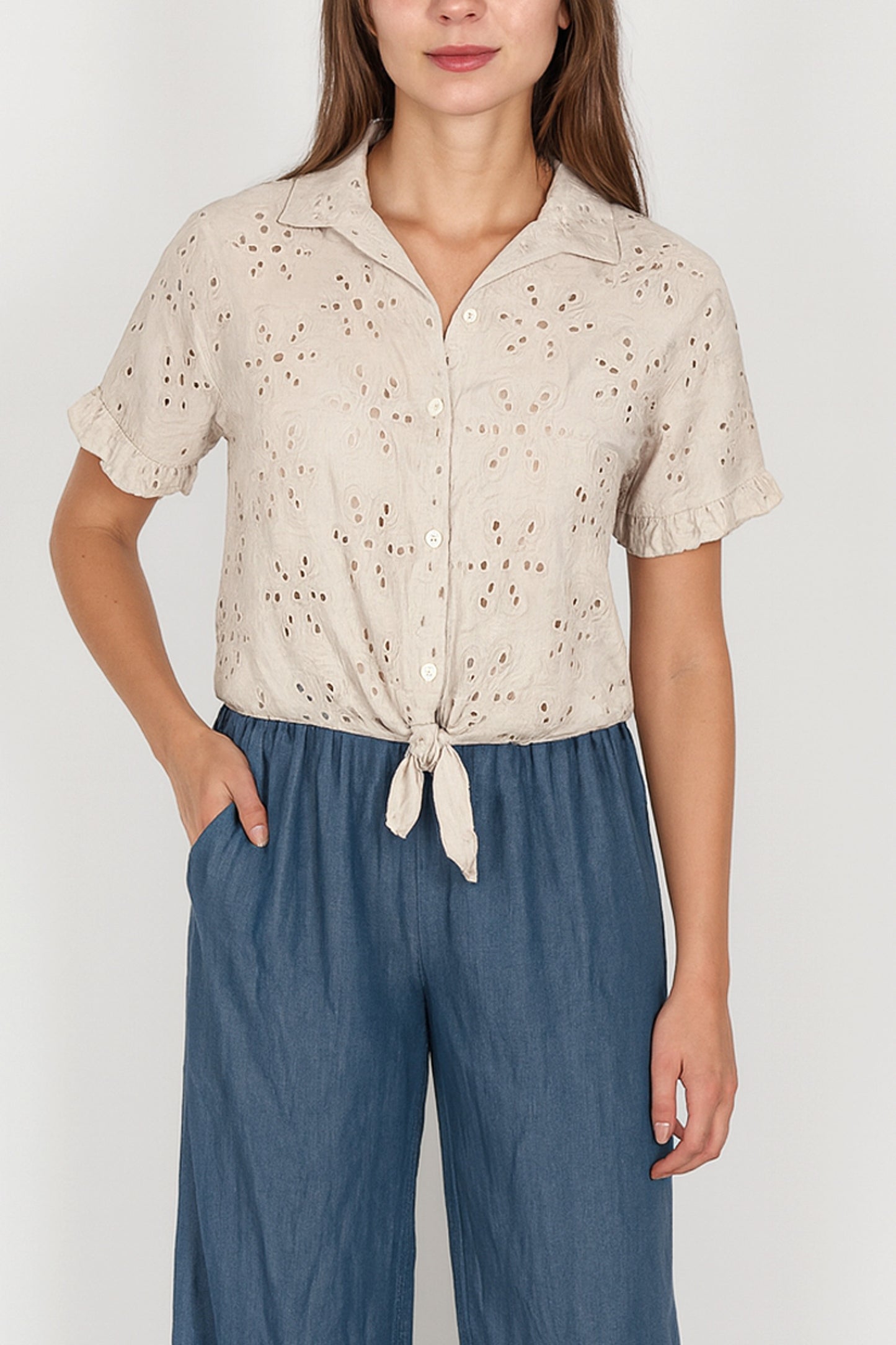 Broderie Anglaise Cotton Cropped Shirt