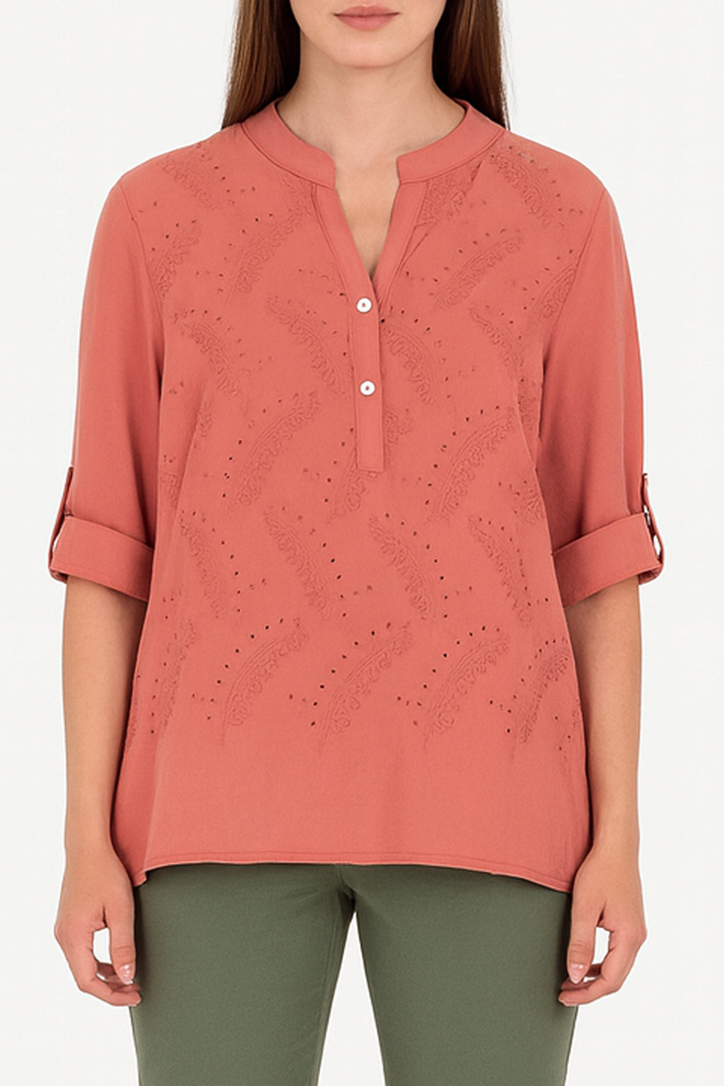 Leaf Embroidered Cotton Blouse