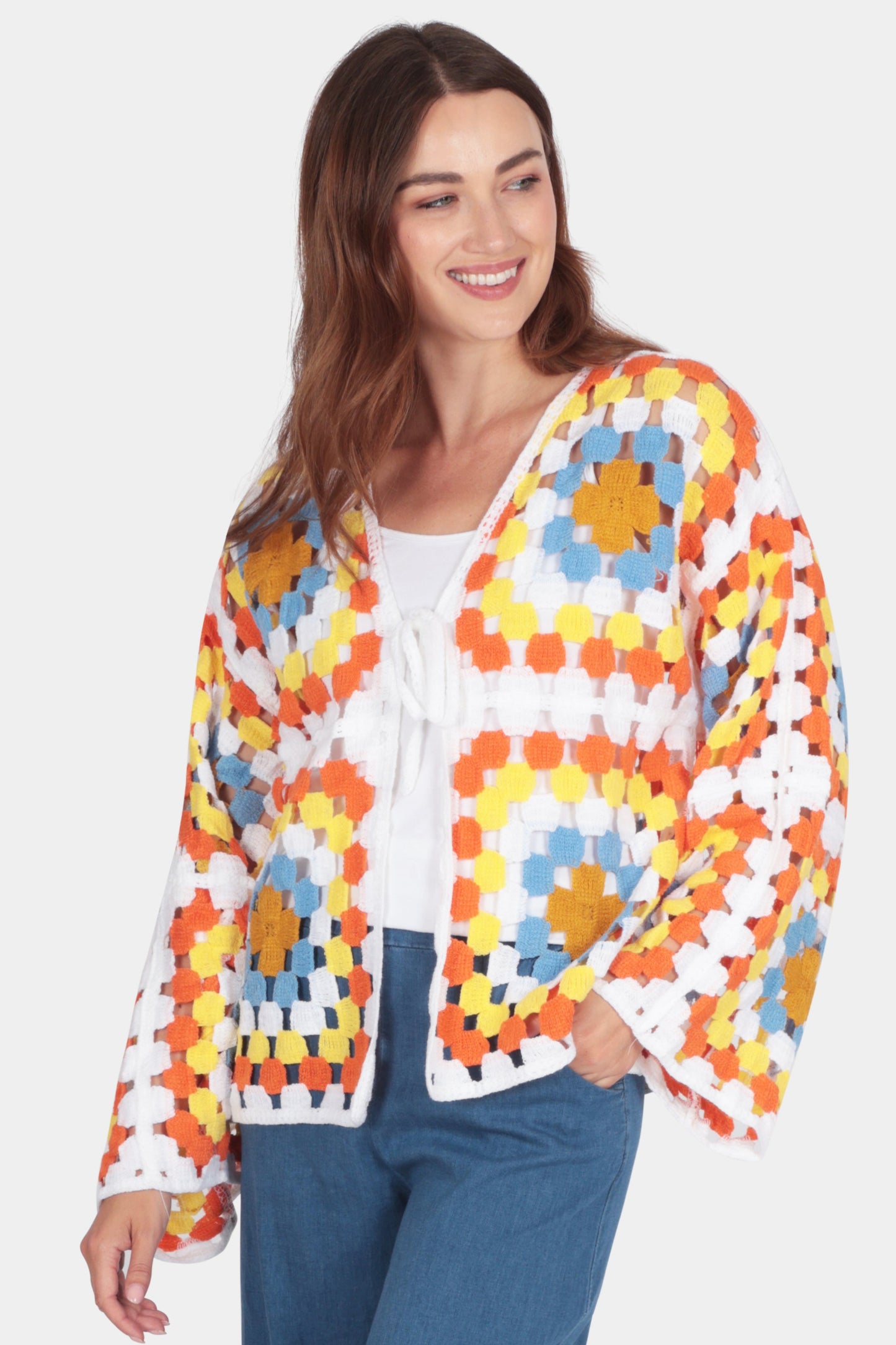 Kaleidoscope Knit Cardigan with colorful granny square crochet, open tie front, V-neck, and wide long sleeves.