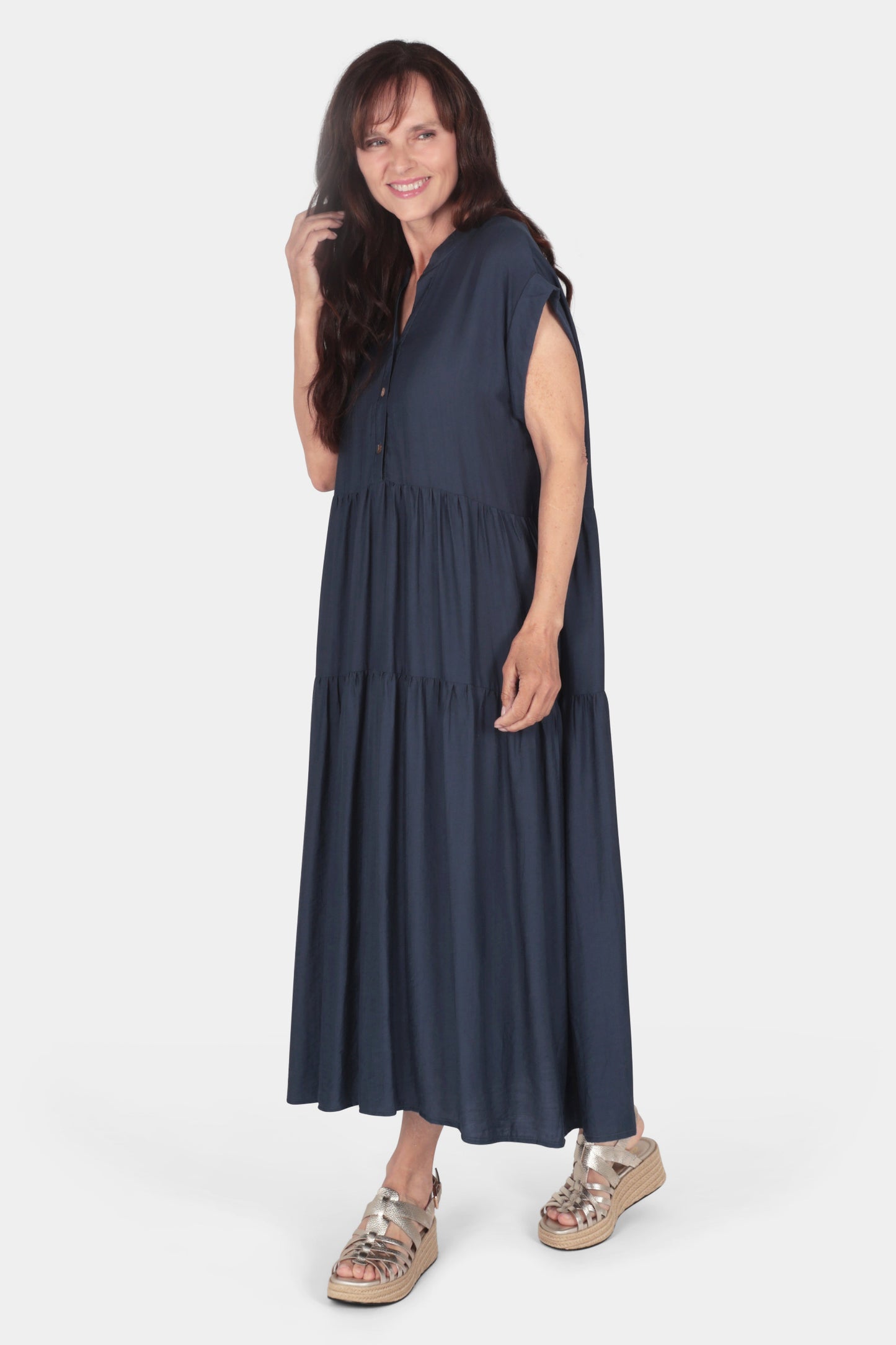 Tiered Button Neck Maxi Dress