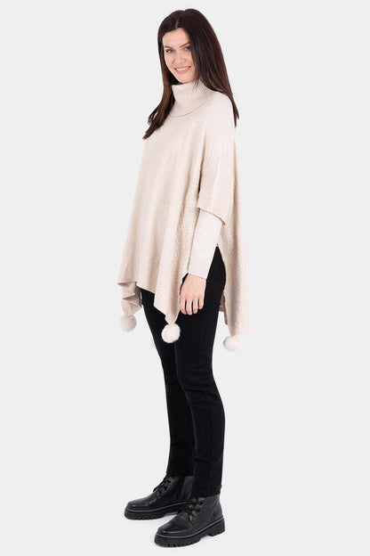 Cowl Neck Knit Pom-Pom Poncho