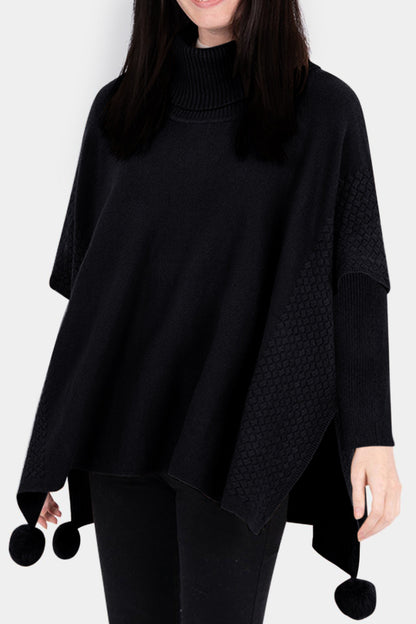 Cowl Neck Knit Pom-Pom Poncho