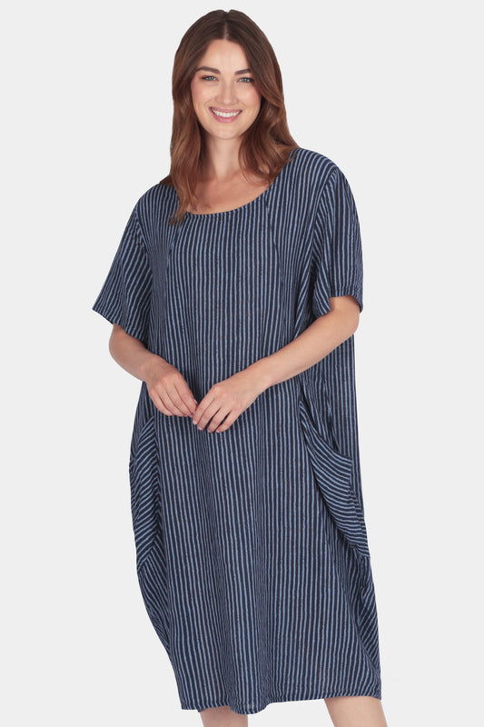  Allegra Cotton Stripe summer Midi Dress with scoop neckline and two front pockets in navy vertical stripes - by Letters from Florence, Italian Clothing 