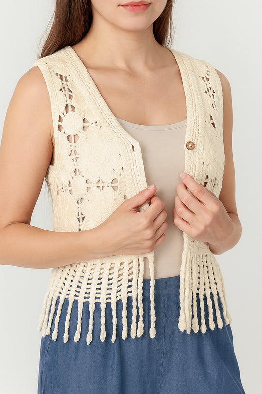 Button Up Cropped Crochet Tassle Vest