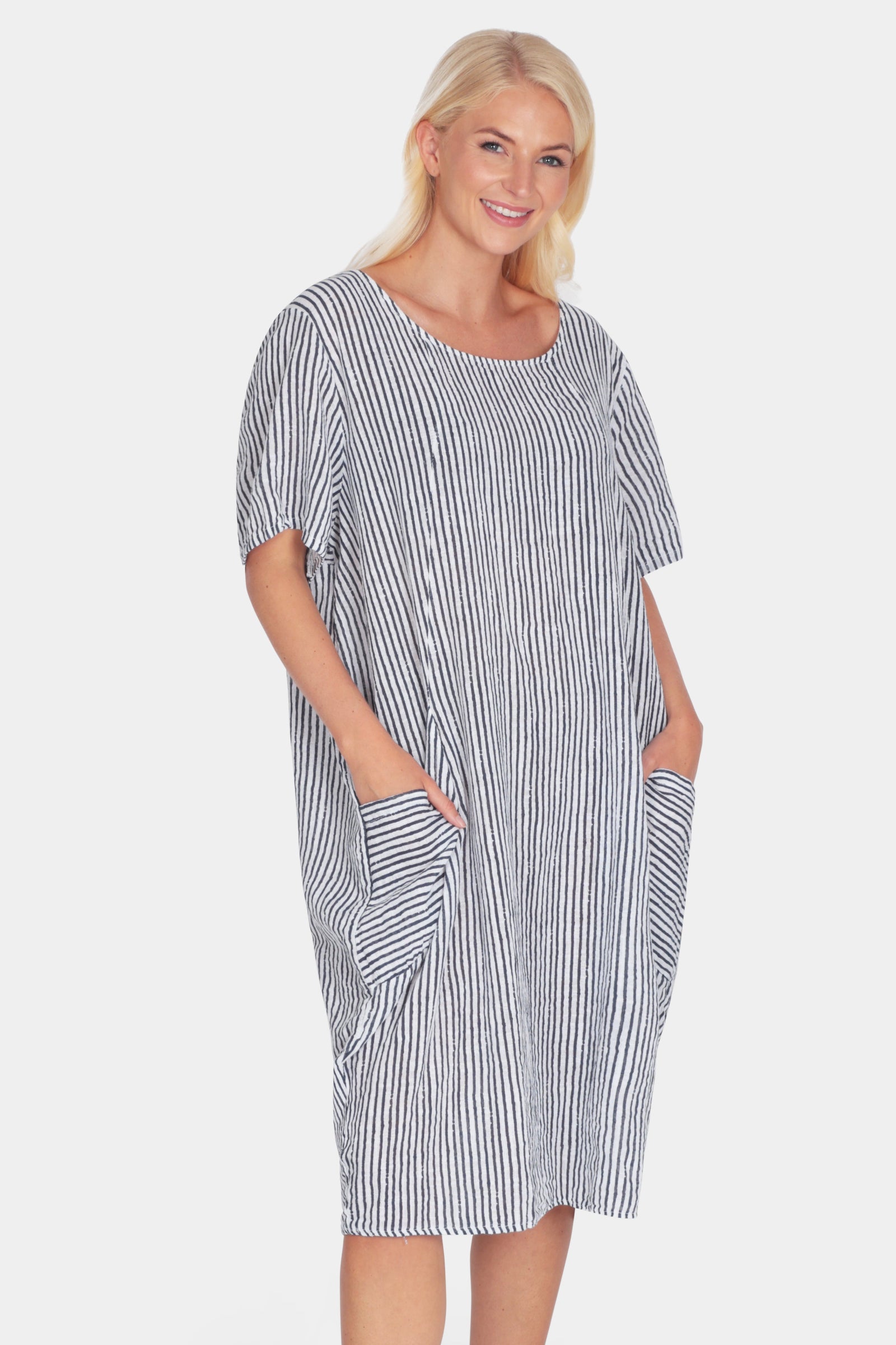 Allegra Cotton Stripe summer Midi Dress with scoop neckline and two front pockets in white navy vertical stripes - by Letters from Florence, Italian Clothing 