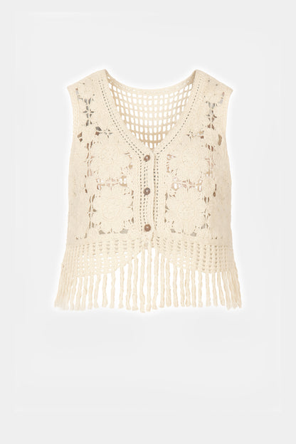 Button Up Cropped Crochet Tassle Vest