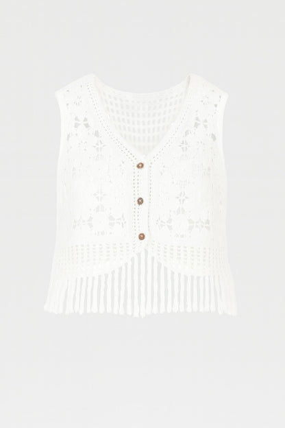 Button Up Cropped Crochet Tassle Vest