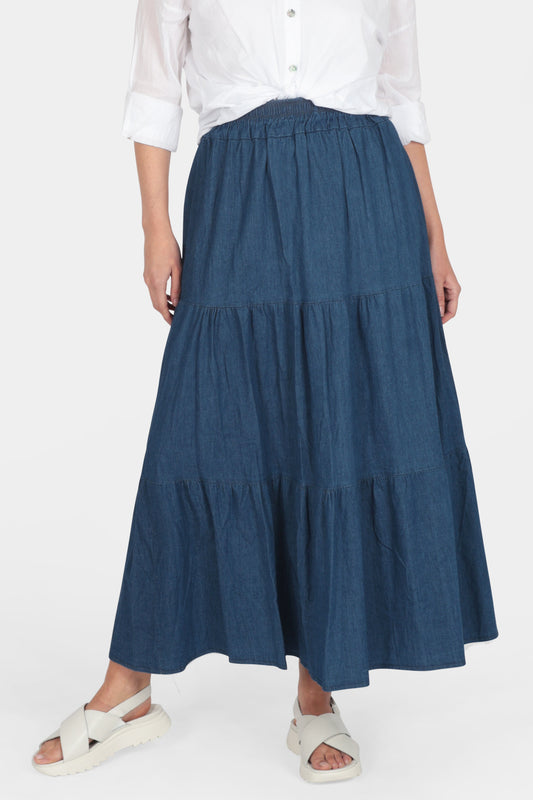 Denim Tiered Maxi Skirt