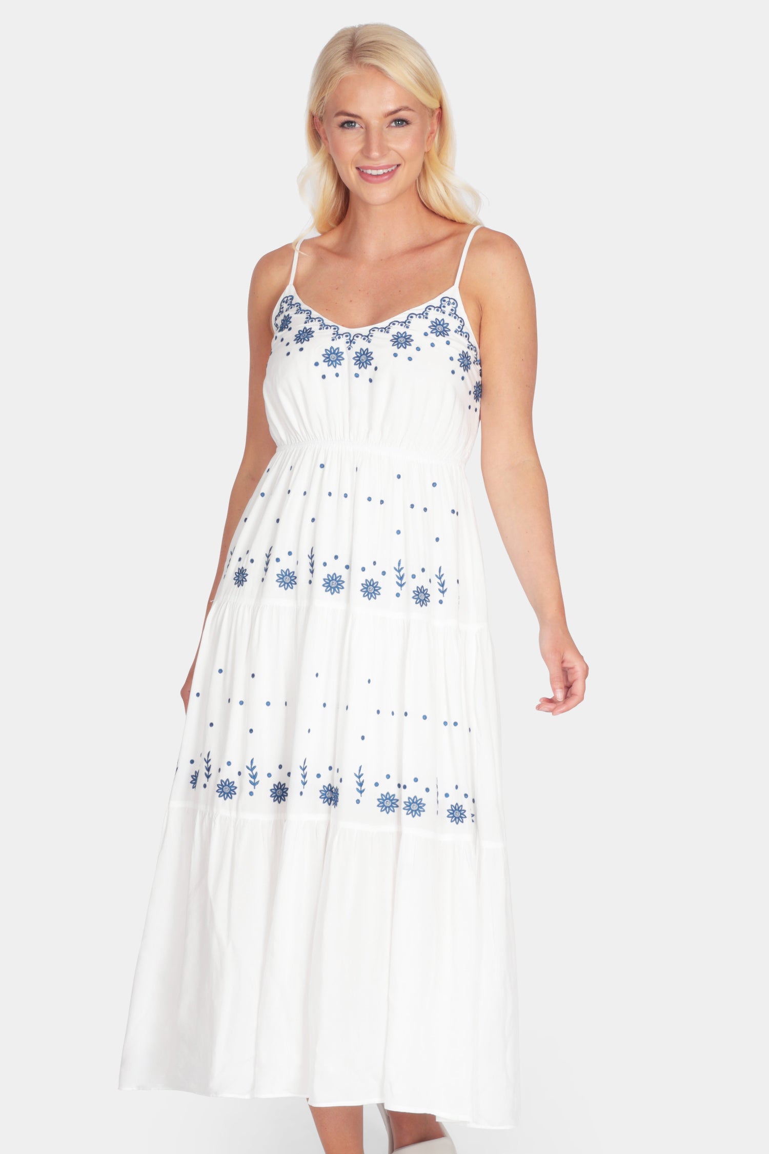 Cotton Embroidered Strap Dress midi sundress with blue floral embroidery, adjustable straps, and a tiered skirt in white - by Fenella, women's Italian clothing