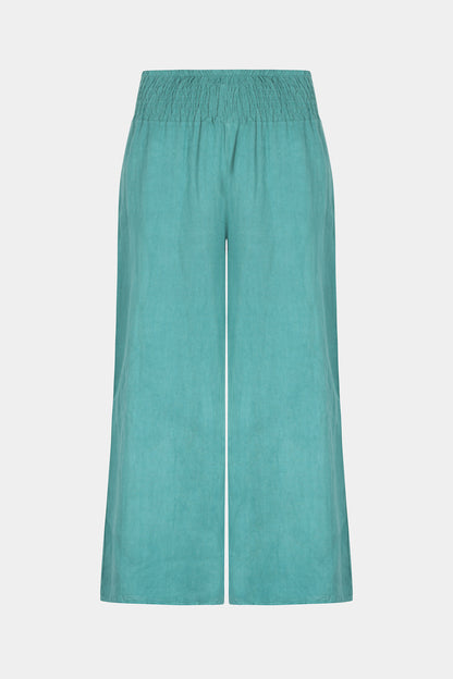 Linen wide leg relaxed fit shirred waist culottes trousers with two side pockets in teal - by Fenella, Women's Italian Clothing