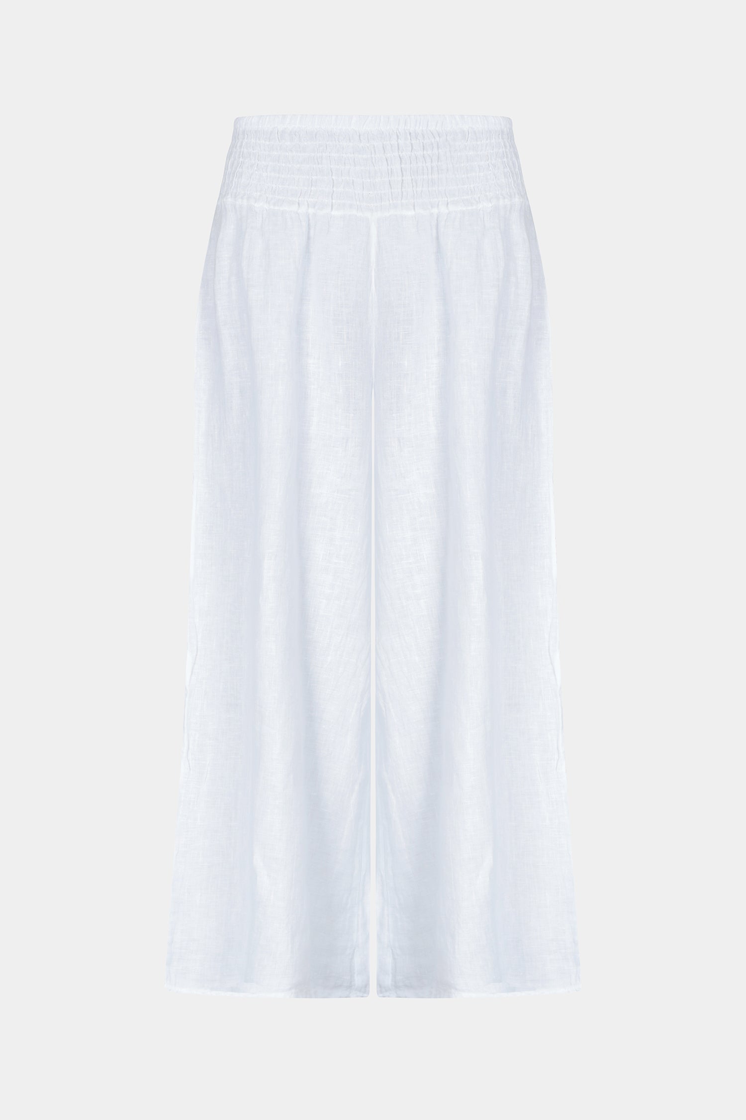Linen wide leg relaxed fit shirred waist culottes trousers with two side pockets in white - by Fenella, Women's Italian Clothing