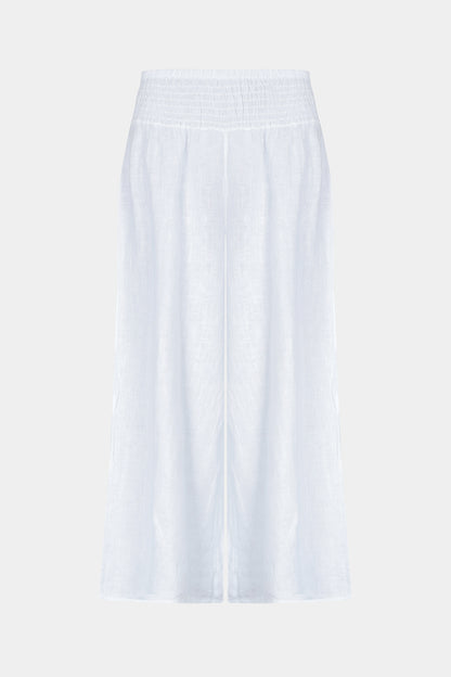 Linen wide leg relaxed fit shirred waist culottes trousers with two side pockets in white - by Fenella, Women's Italian Clothing