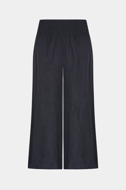 Linen wide leg relaxed fit shirred waist culottes trousers with two side pockets in navy - by Fenella, Women's Italian Clothing