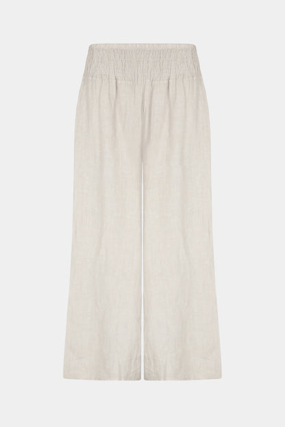 Linen wide leg relaxed fit shirred waist culottes trousers with two side pockets in beige - by Fenella, Women's Italian Clothing