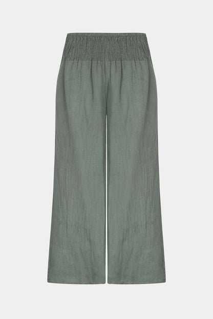 Linen wide leg relaxed fit shirred waist culottes trousers with two side pockets in Khaki - by Fenella, Women's Italian Clothing
