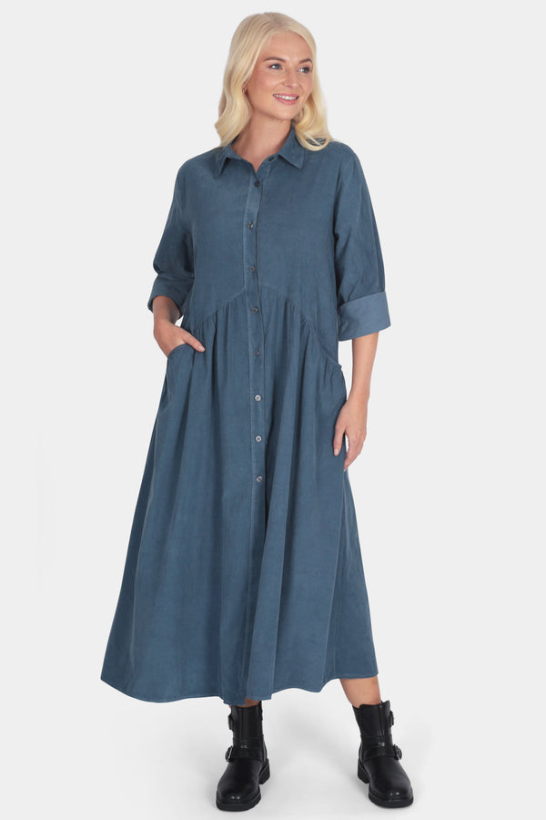 Woman wearing a blue dress