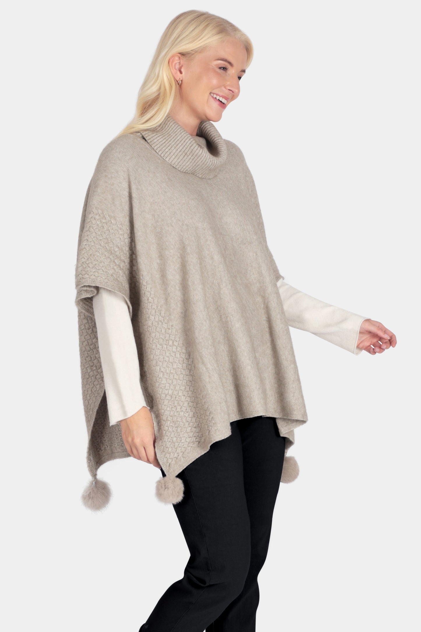 Cowl Neck Knit Pom-Pom Poncho