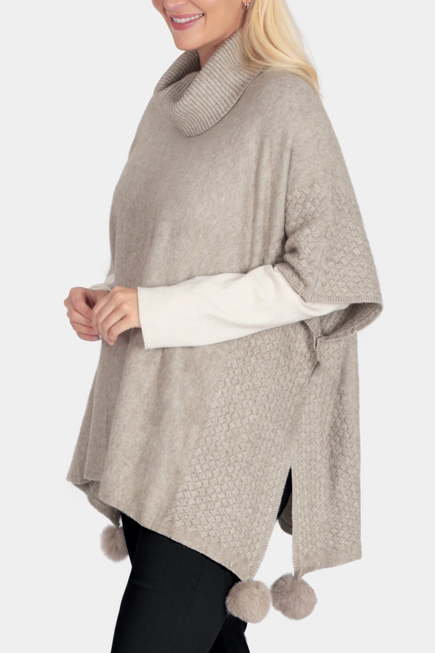 Cowl Neck Knit Pom-Pom Poncho