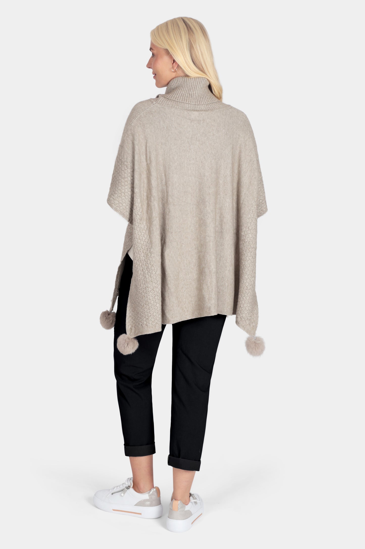 Cowl Neck Knit Pom-Pom Poncho