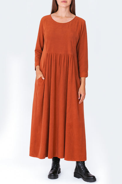 Cotton Corduroy Round Neck Dress