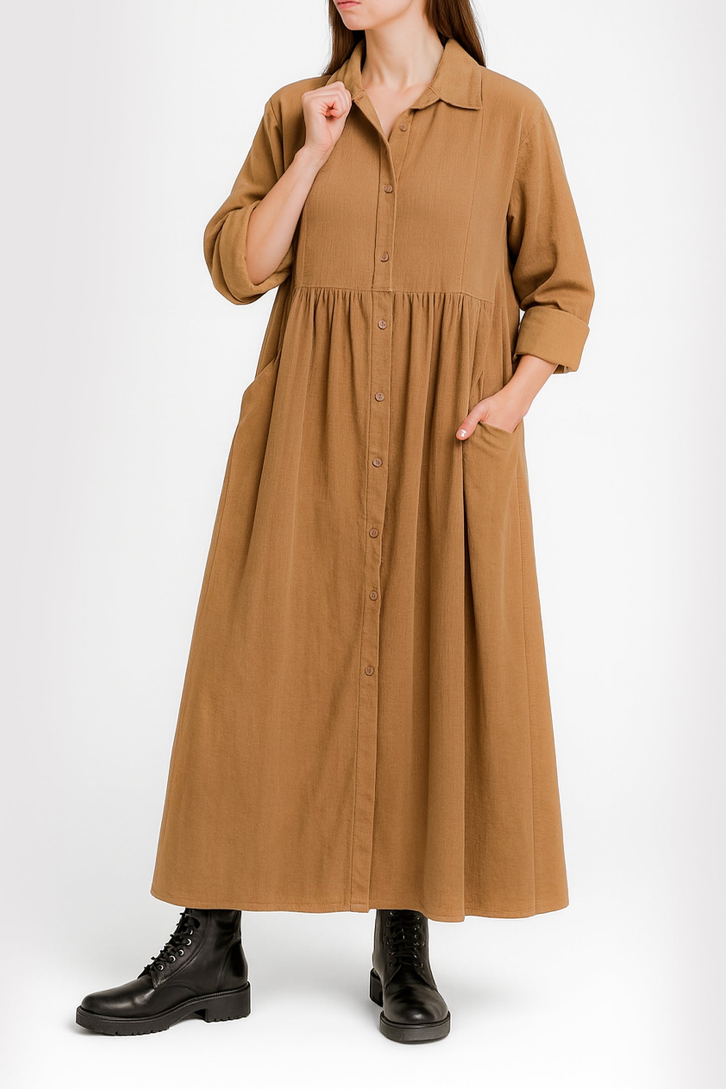 Cotton Corduroy Shirt Collar Dress