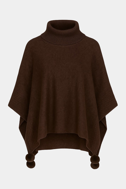 Cowl Neck Knit Pom-Pom Poncho